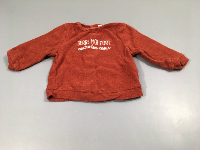Pull léger matière éponge brique "serre moi fort contre ton coeur", pressions à l'arrière, moins cher chez Petit Kiwi