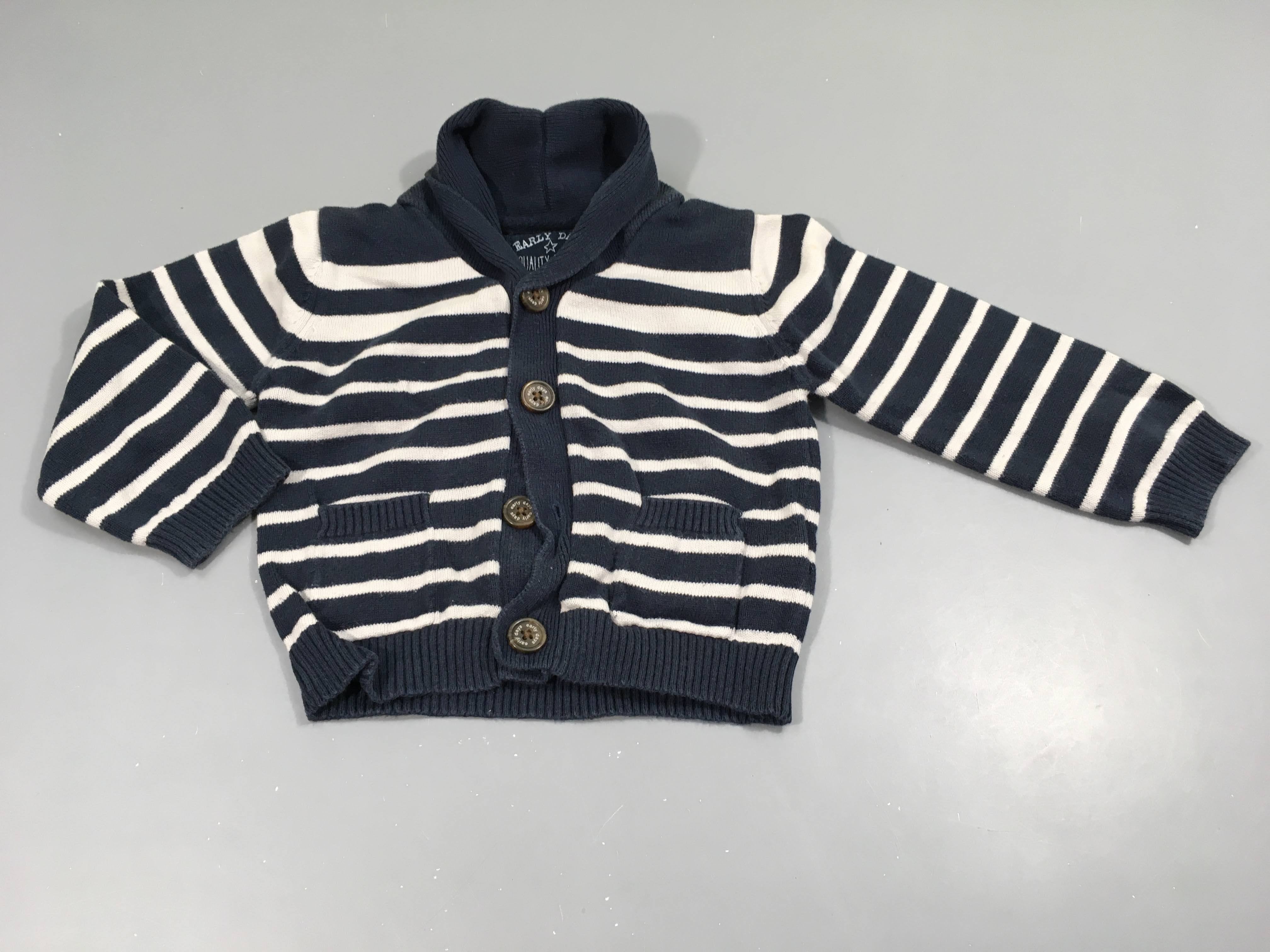 Gilet col châle bleu marine rayé blanc