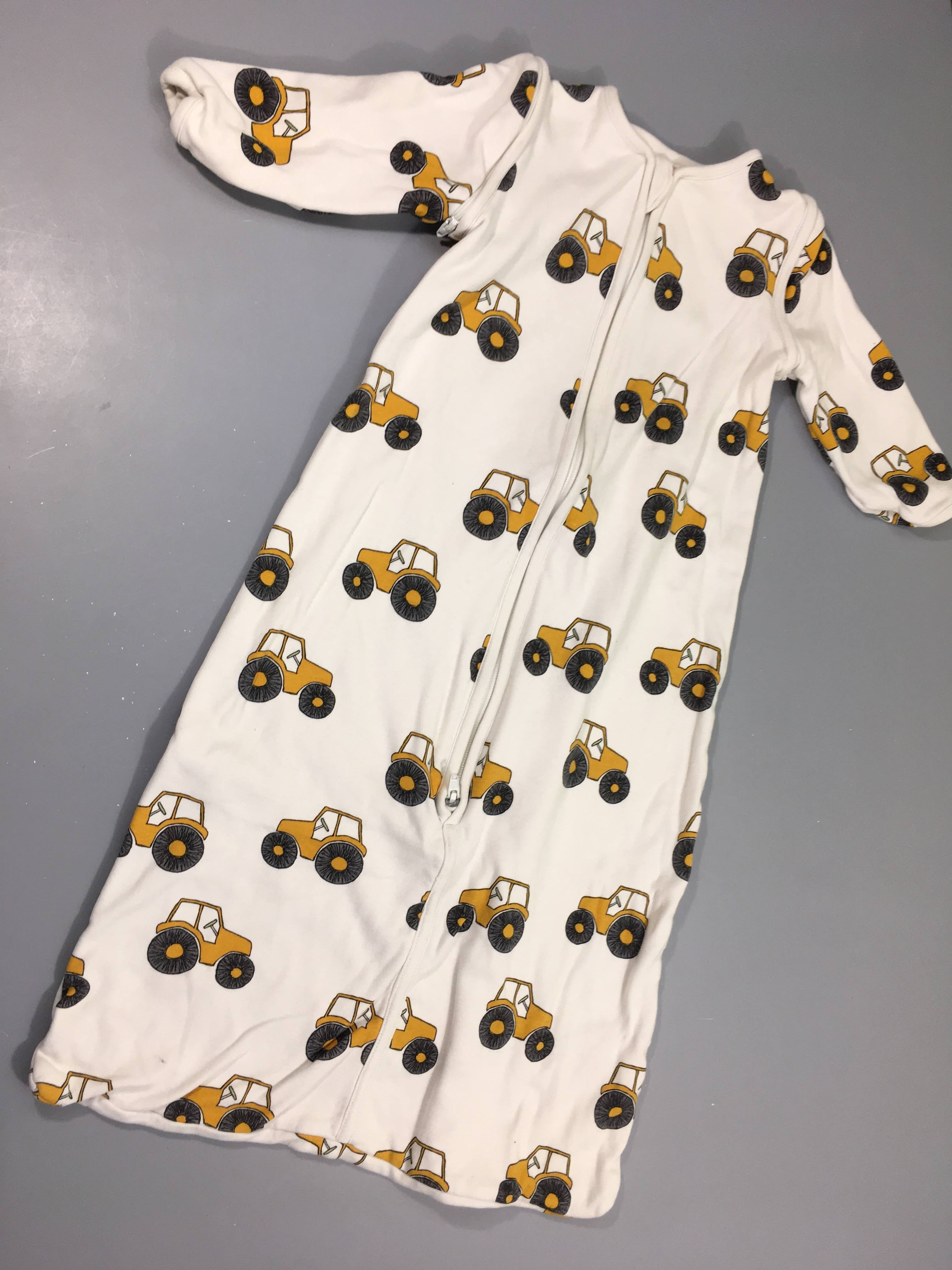 Sac de couchage écru, véhicules  jaunes, manches amovibles