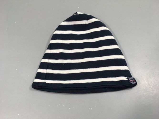 Bonnet jersey bleu marine rayé blanc. Pas de taille indiquée, moins cher chez Petit Kiwi