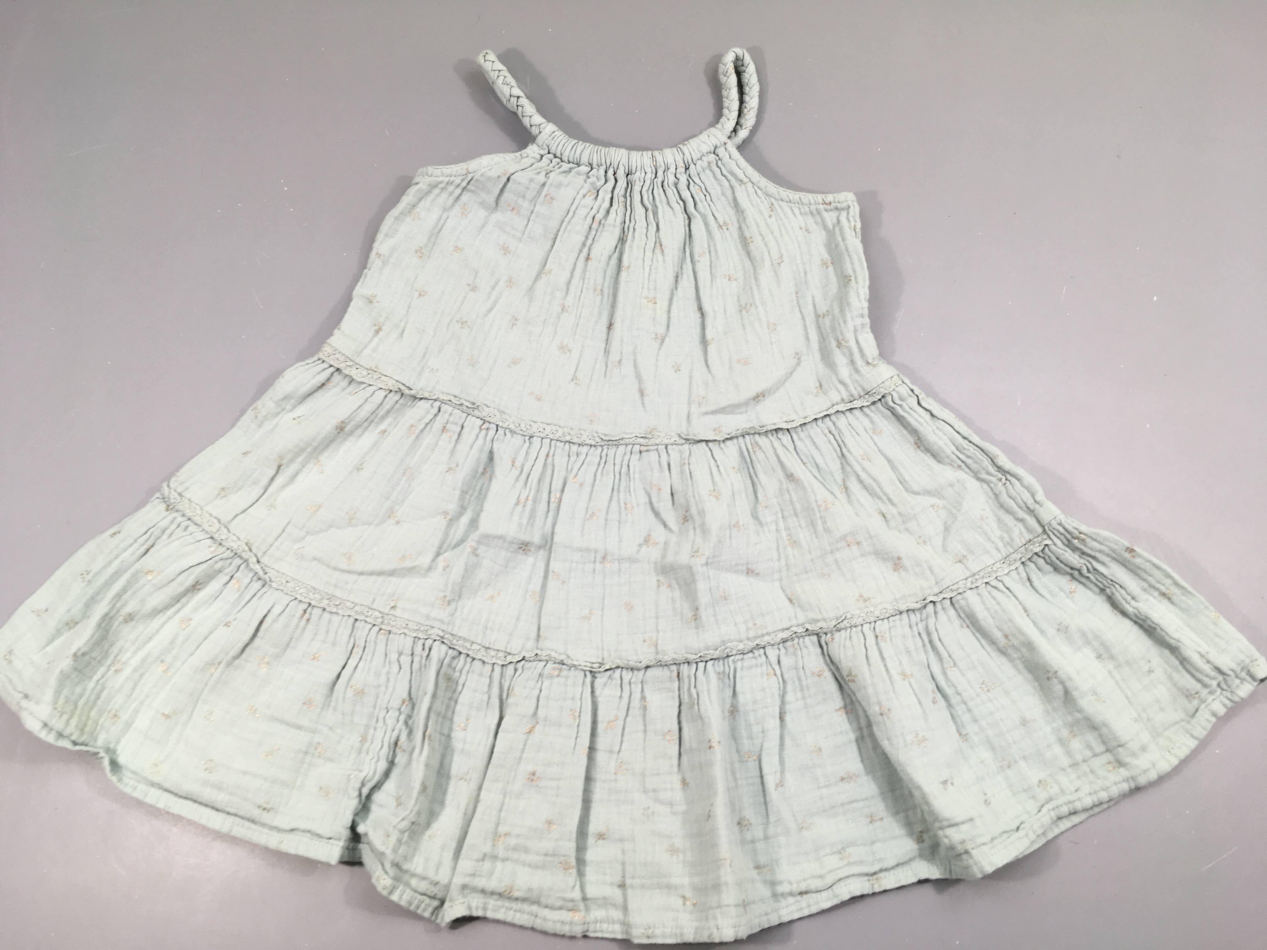 Robe fines bretelles tétra bleu/gris feuilles dorées, légèrement bouloché