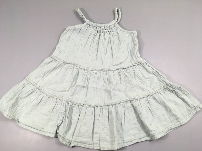 Robe fines bretelles tétra bleu/gris feuilles dorées, légèrement bouloché, moins cher chez Petit Kiwi