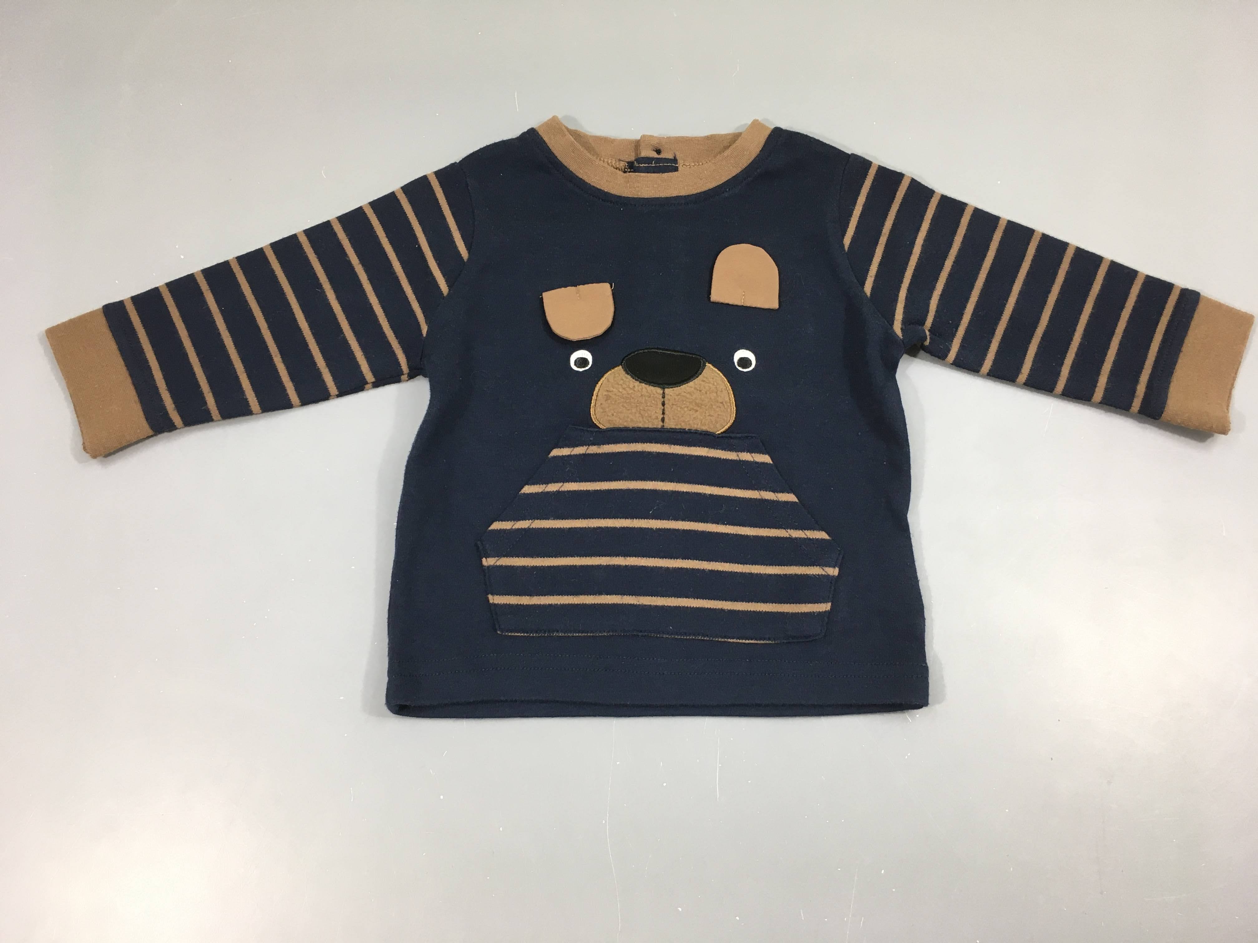 T-shirt m.l bleu foncé rayé brun chien, très légèrement bouloché