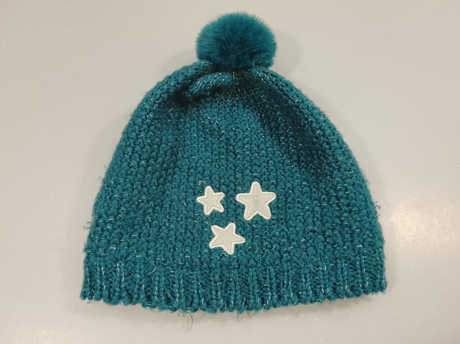 Bonnet tricot bleu/ vert, pompon , étoiles argentées, moins cher chez Petit Kiwi