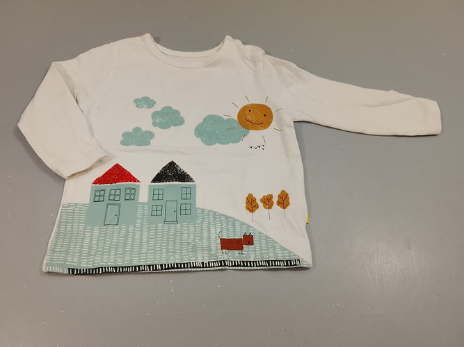 T-shirt m.l blanc , paysage , maisons , soleil, moins cher chez Petit Kiwi