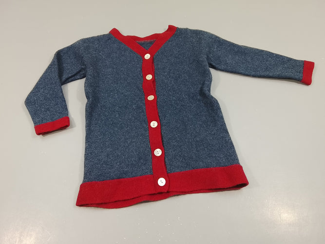 Gilet bleu chiné- rouge. Pas de taille indiqué, estimée 2a, moins cher chez Petit Kiwi