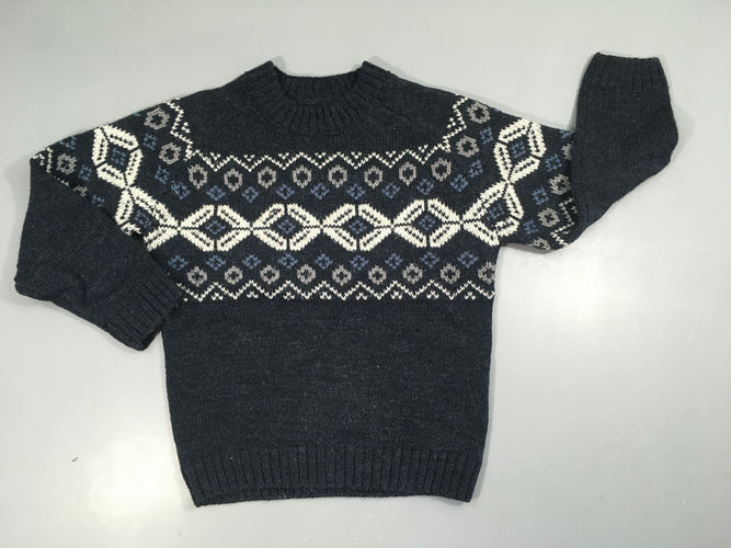Pull bleu foncé motifs hiver 15% laine, légèrement bouloché, moins cher chez Petit Kiwi