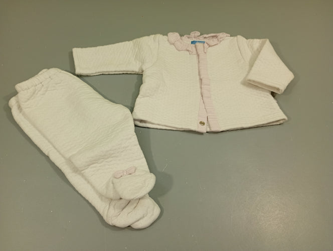 Pyjama 2pcs molleton blanc texturé, col rayé rose et blanc . Légèrement jauni par endroit, moins cher chez Petit Kiwi