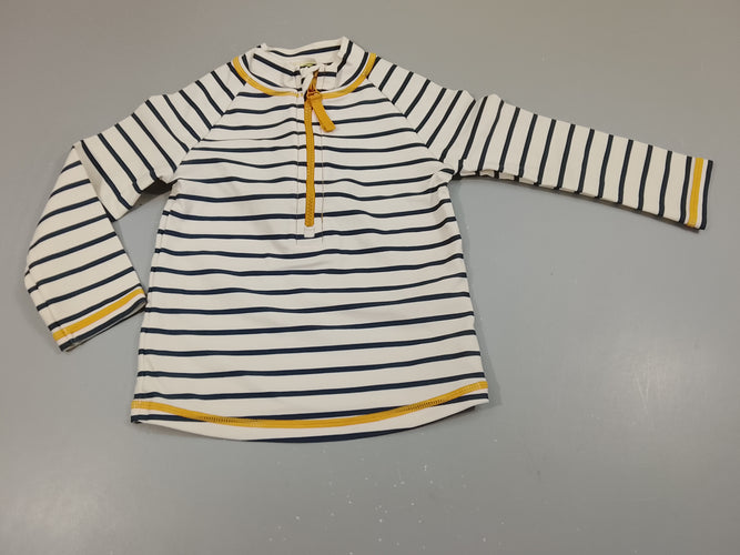 T-shirt m.l anti uv blanc rayé bleu marine, zip jaune, moins cher chez Petit Kiwi