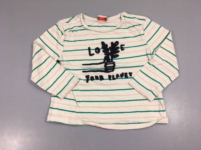 T-shirt m.l écru rayé vert/rose love, légèrement bouloché, moins cher chez Petit Kiwi