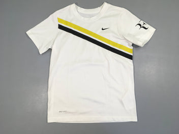 T-shirt m.c de sport blanc traits jaune/noir dri-fit, légère trace au ventre