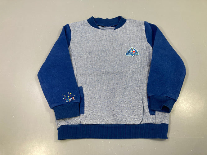 Sweat bicolore bleu marine et gris chiné, patch Labo Rigolo Manches légèrement boulochées, moins cher chez Petit Kiwi