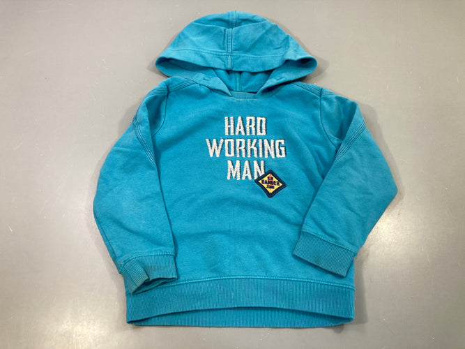 Sweat capuche bleu turquoise imprimé Hard Working Man, moins cher chez Petit Kiwi