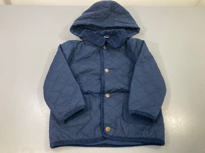 Veste matelassée bleu marine capuche col velours, moins cher chez Petit Kiwi