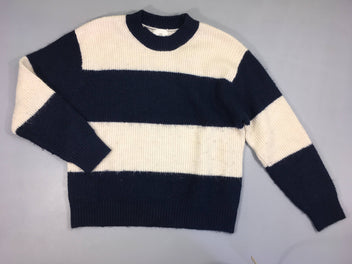 Pull blanc rayé bleu foncé, 8% laine, légèrement bouloché