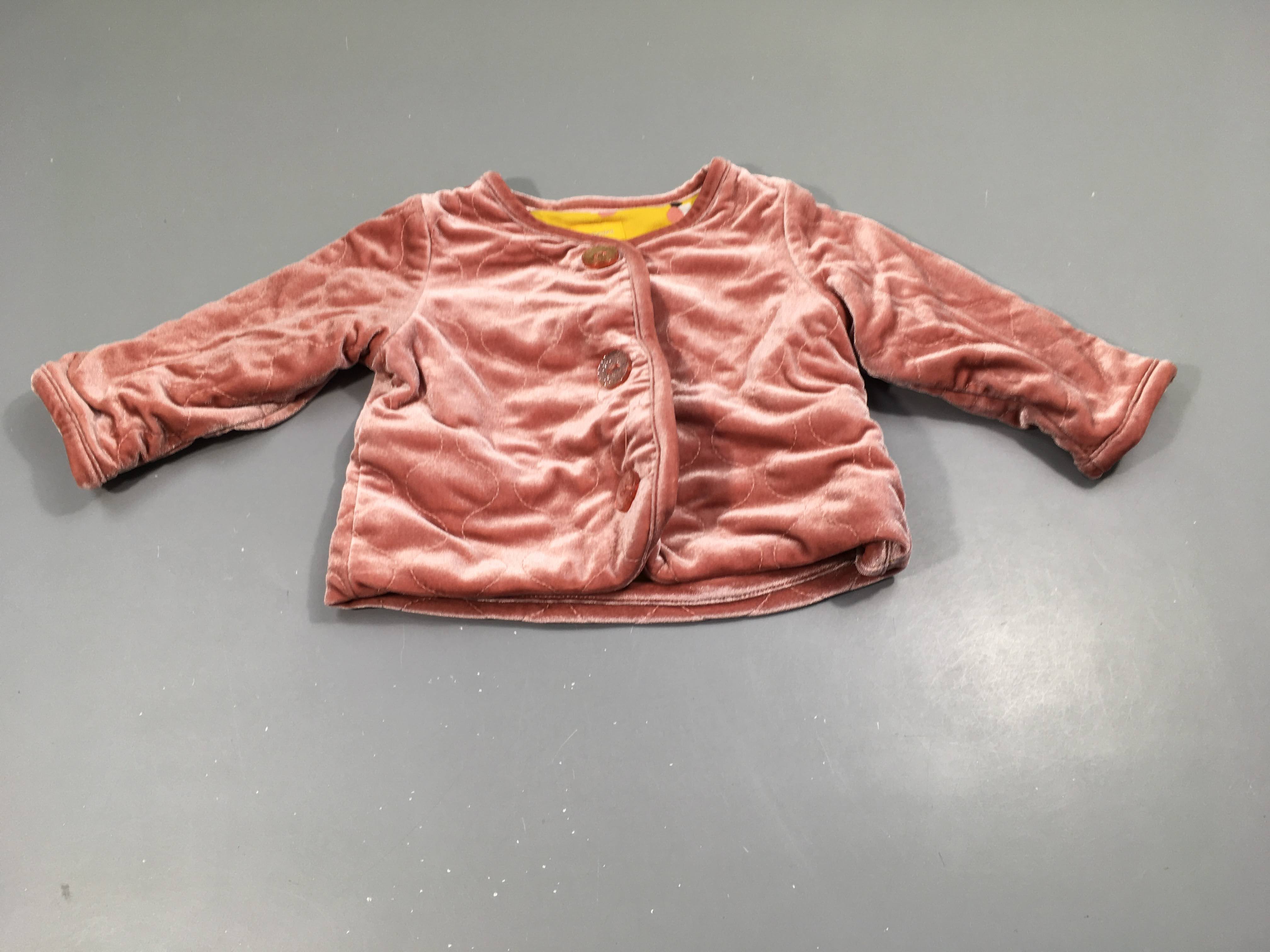 Gilet veste  réversible velours rose, boutons pailletés/ jaune à motifs blanc, rose,...