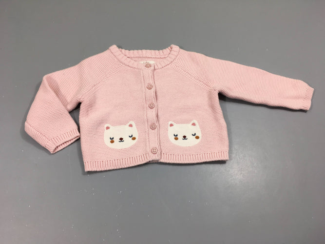 Gilet mailles roses clair, têtes de chats, moins cher chez Petit Kiwi