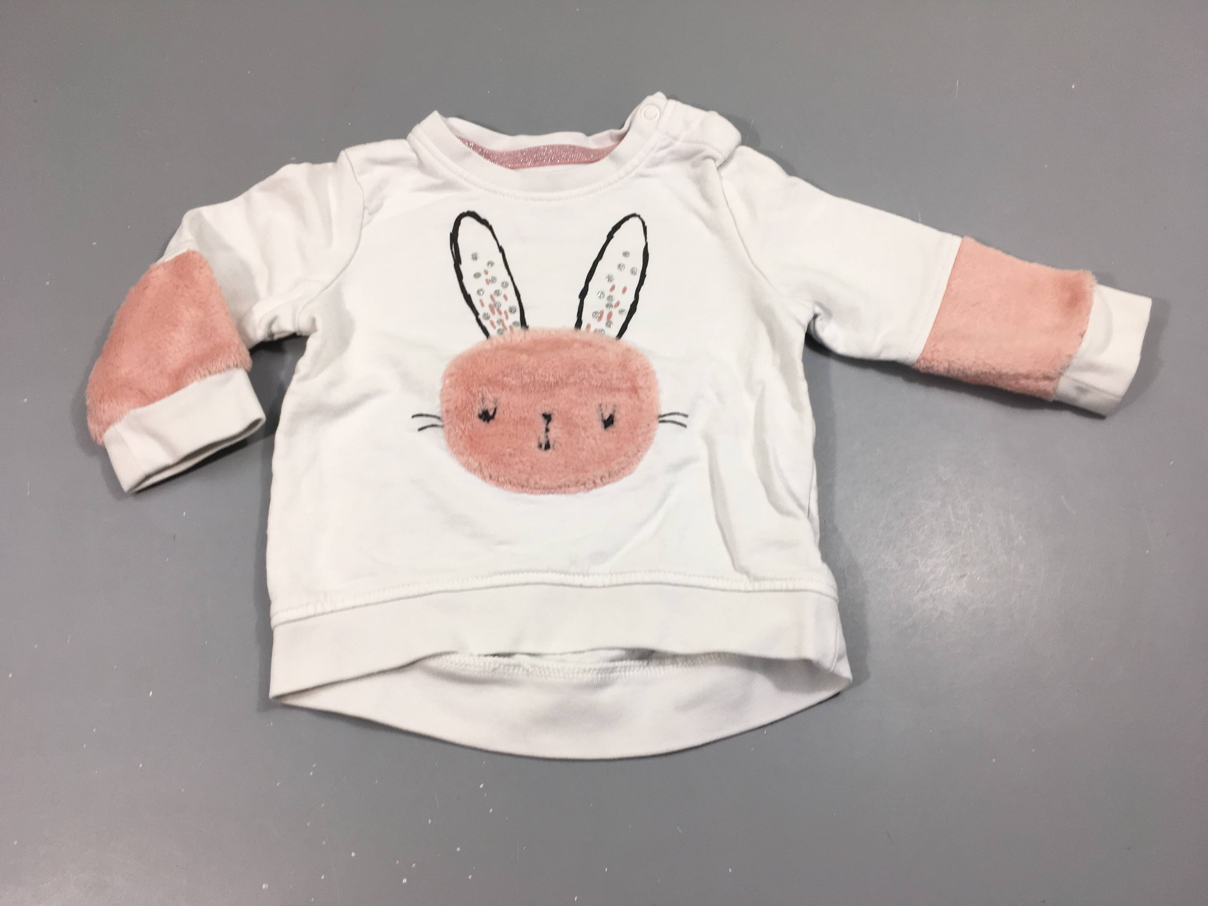 Sweat blanc , tête de lapin rose relief tout doux