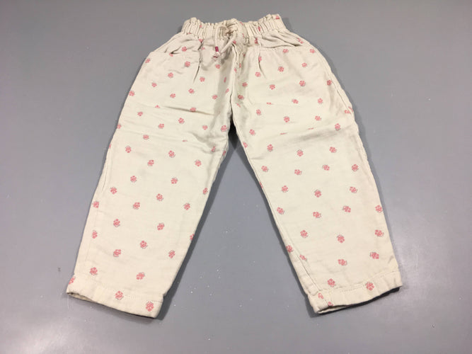 Pantalon large écru , fleurs roses, moins cher chez Petit Kiwi