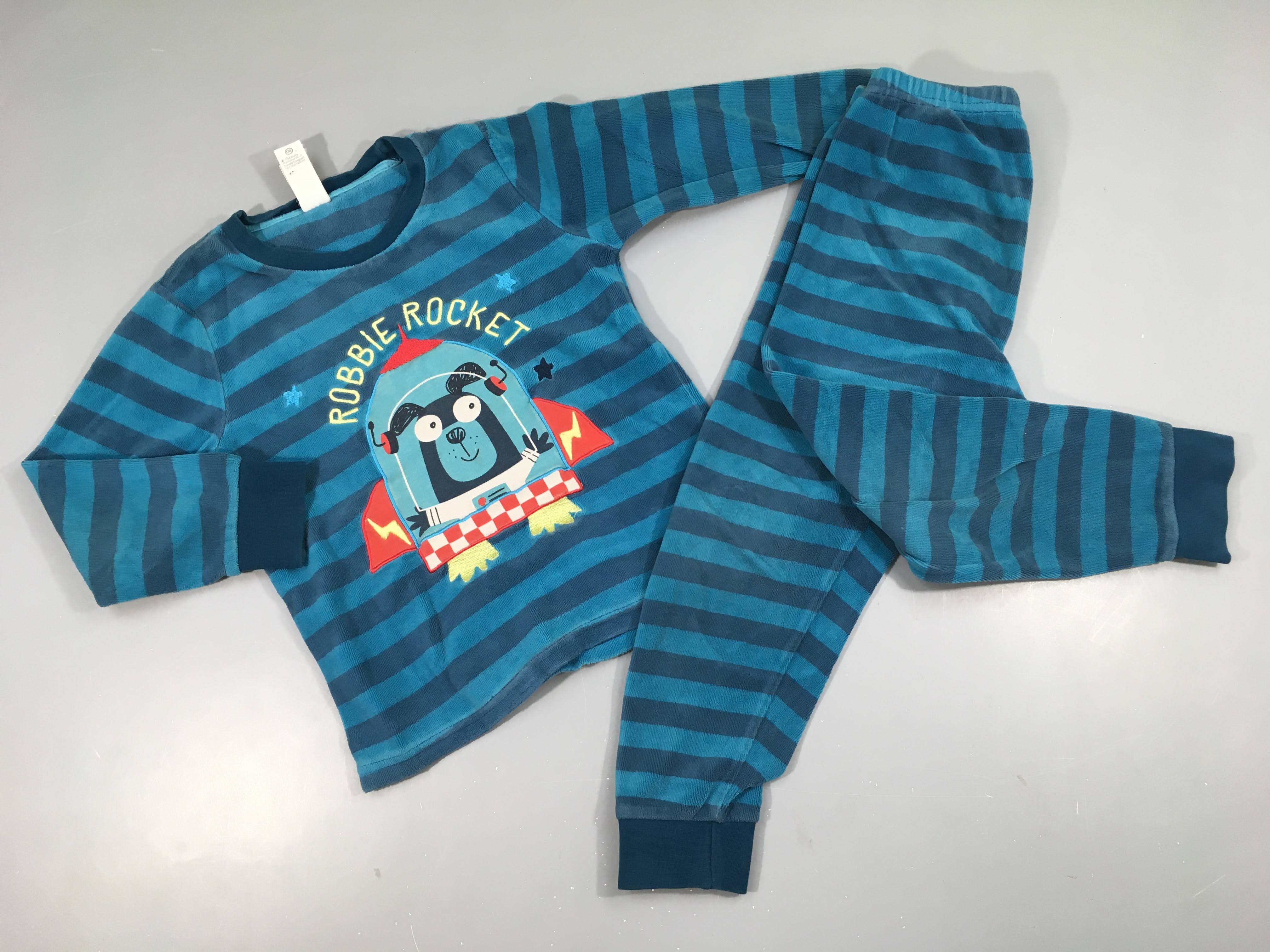 Pyjama 2pcs velours bleu rayé chien fusée