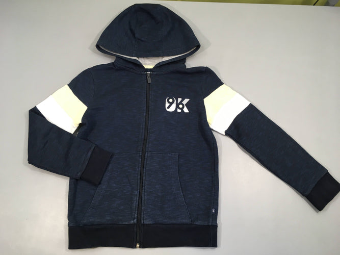 Sweat zippé à capuche bleu foncé flammé bandes beiges haut manches 96, moins cher chez Petit Kiwi