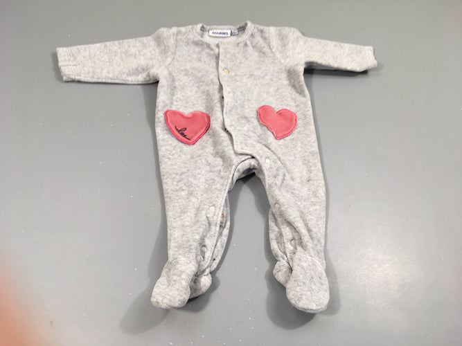 Pyjama velours gris clair flammé , coeurs  roses, moins cher chez Petit Kiwi