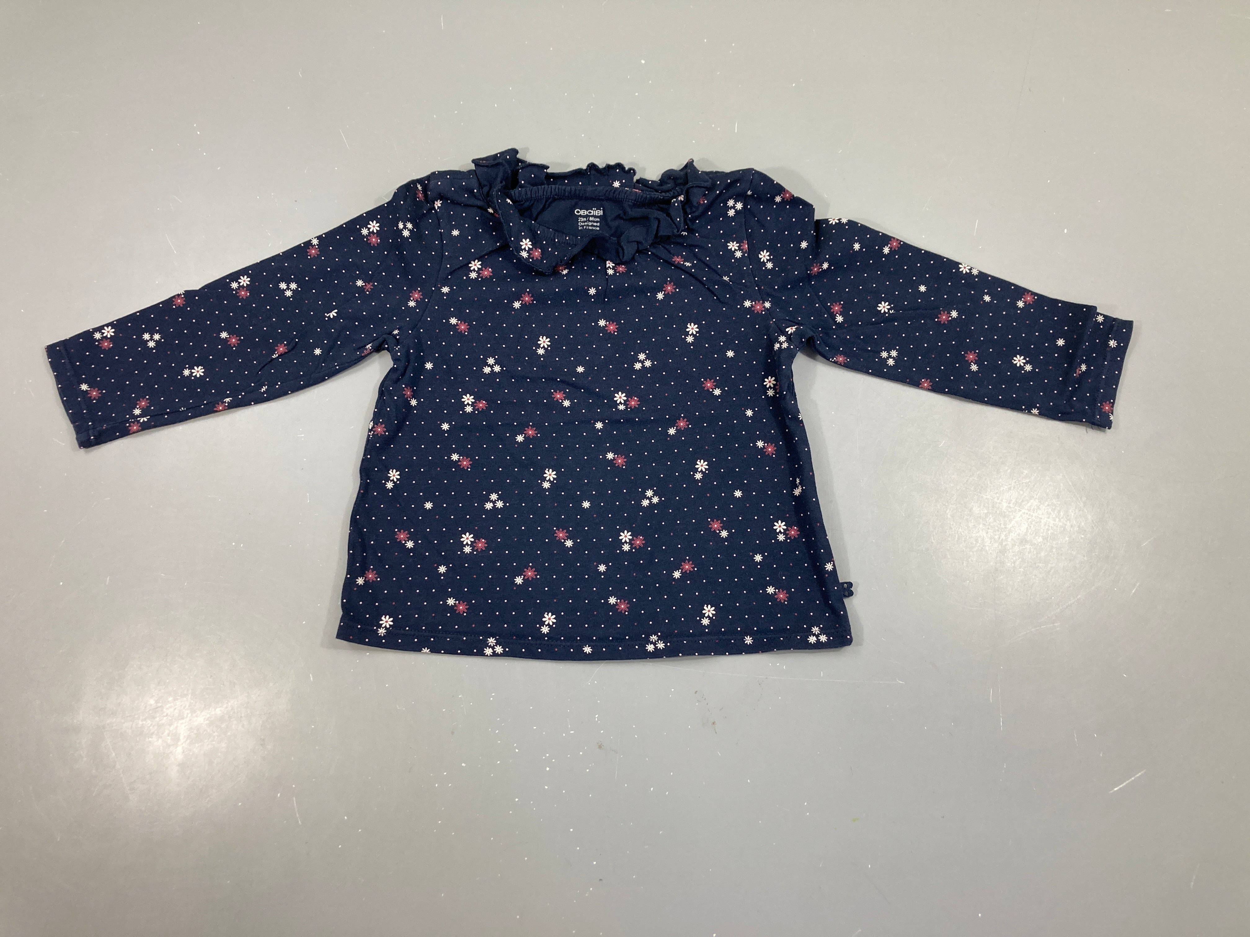 T-shirt m.l bleu marine pois fleurs col