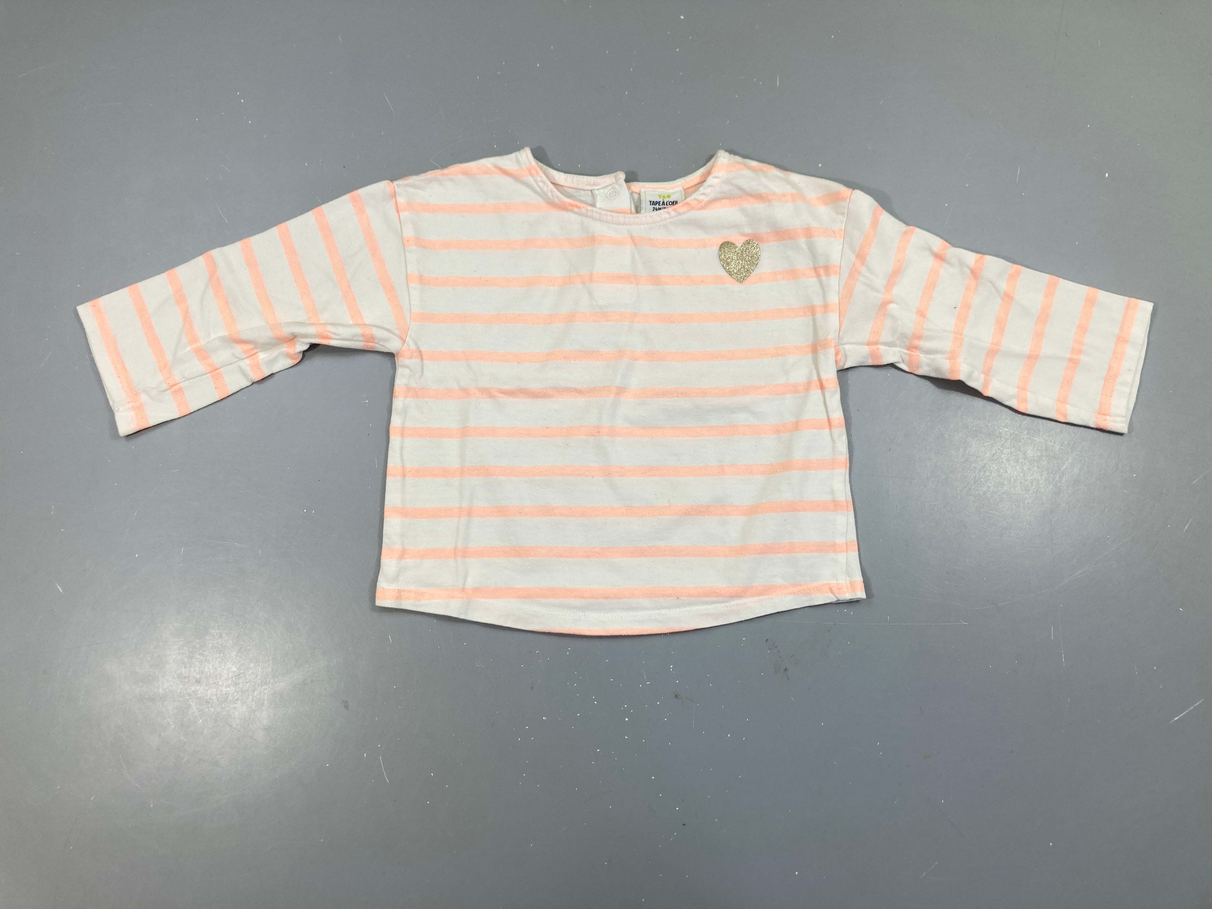 T-shirt m.l blanc rayé saumon néon coeur doré