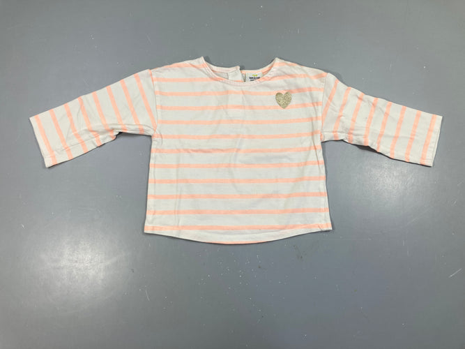 T-shirt m.l blanc rayé saumon néon coeur doré, moins cher chez Petit Kiwi