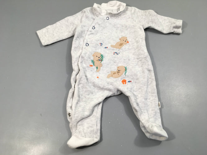 Pyjama velours gris clair flammé , animaux, col blanc, moins cher chez Petit Kiwi