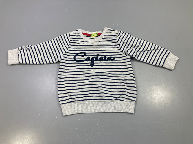 Sweat léger gris chiné rayé marine, brodé Captain, moins cher chez Petit Kiwi