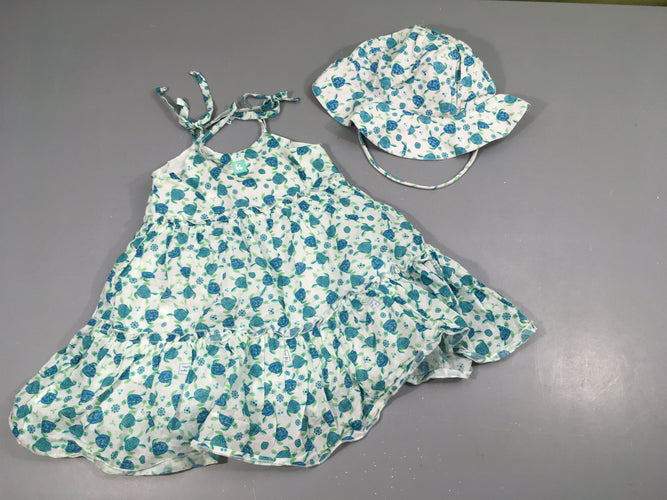 Robe s.m coton blanc motifs tortues bleues + Chapeau Al agua de patos, moins cher chez Petit Kiwi