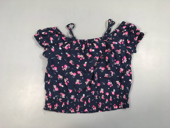 Blouse m.c bleu foncé fleurie rose élastiques bords