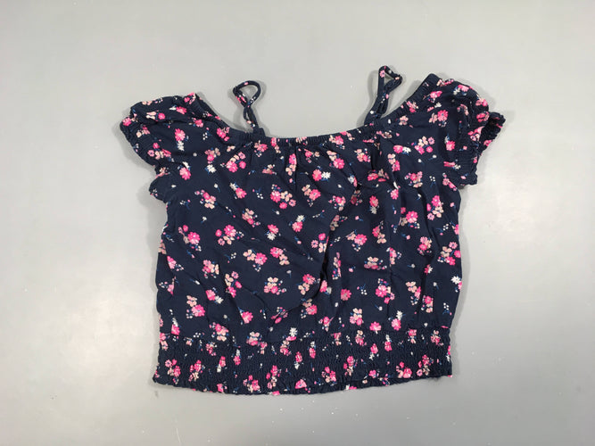 Blouse m.c bleu foncé fleurie rose élastiques bords, moins cher chez Petit Kiwi