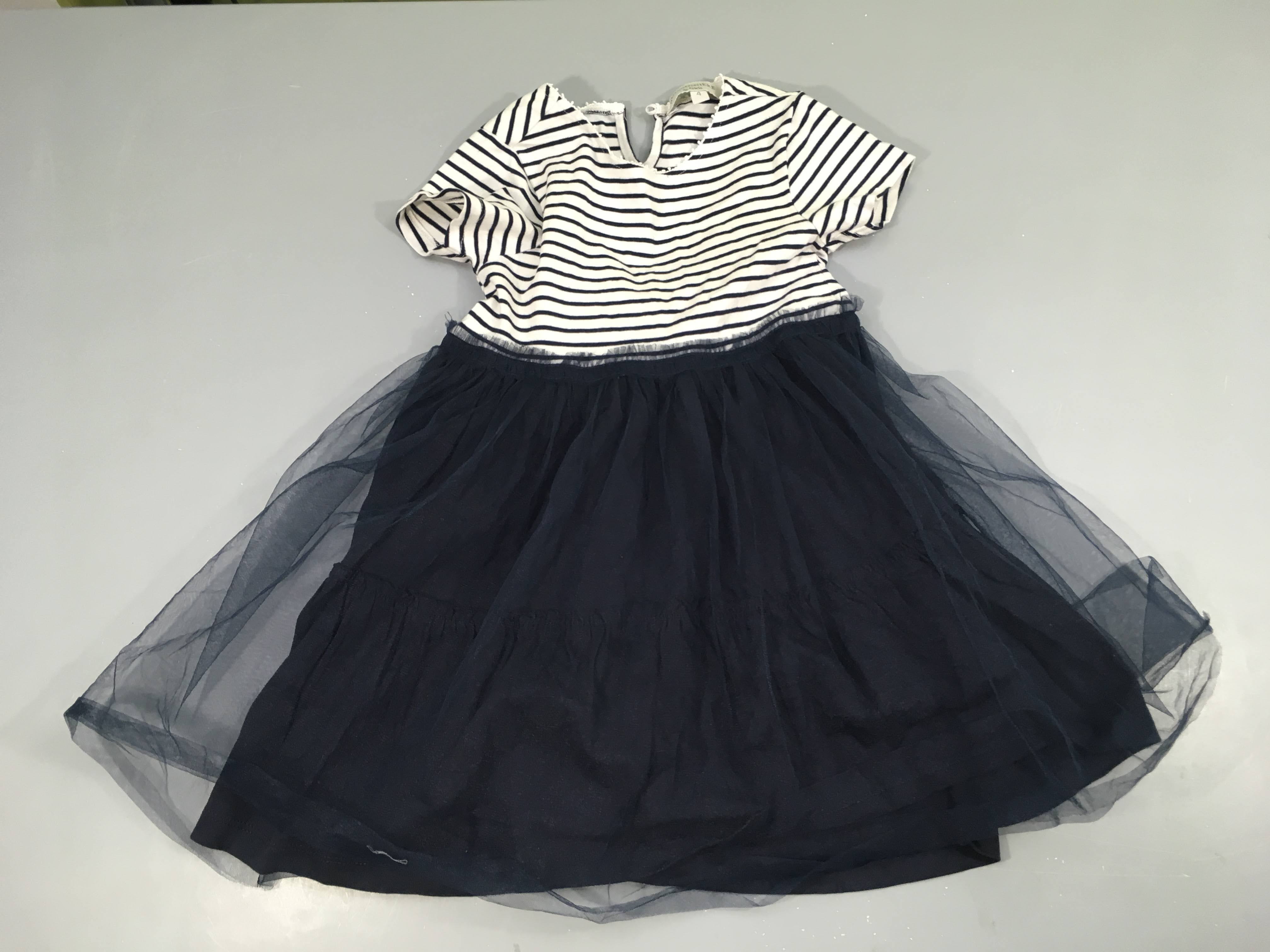 Robe m.c bi-matière blanc rayé bleu haut/tulle bas bleu foncé