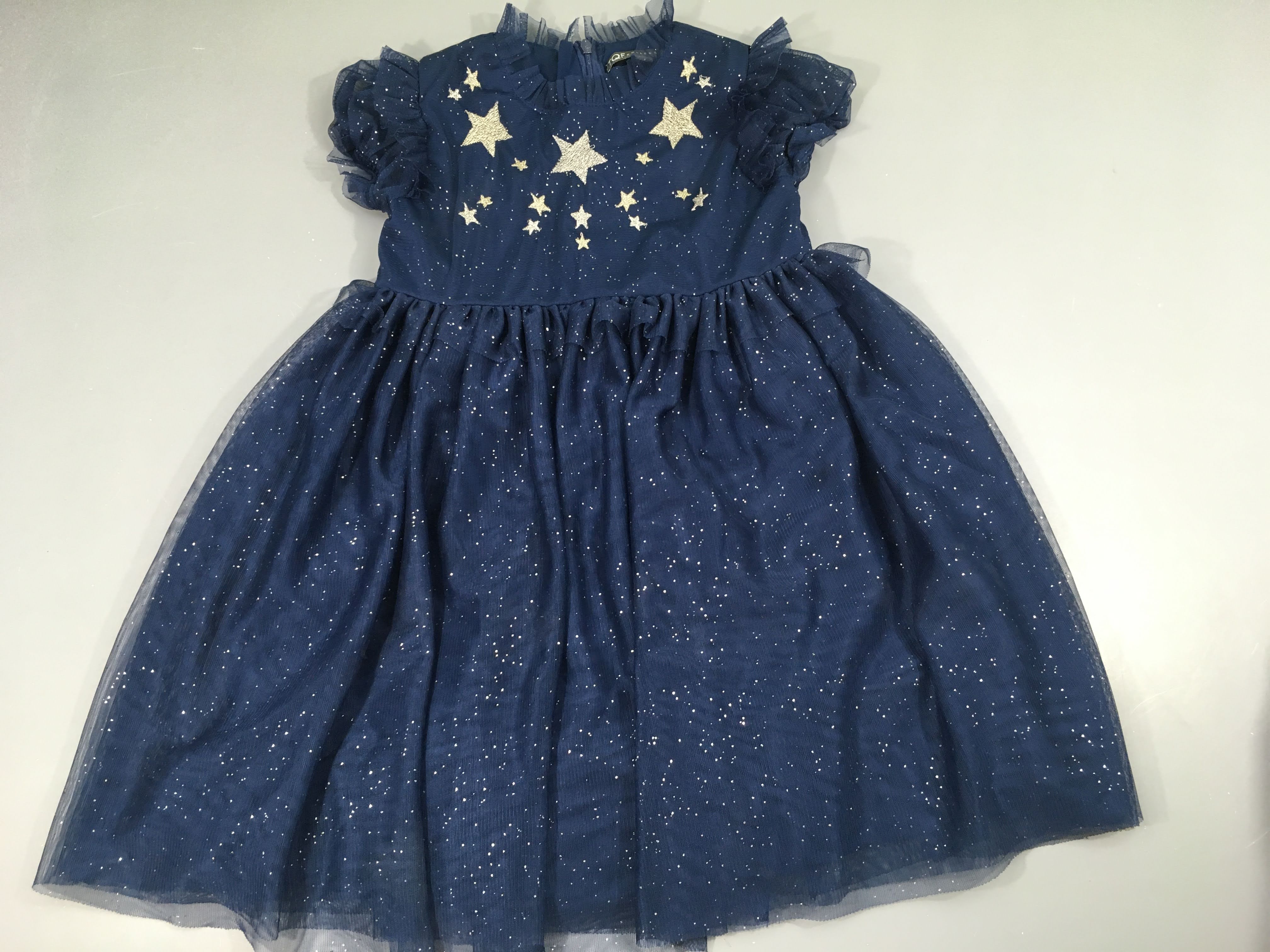 Robe m.c doublée tulle bleu foncé pois étoiles dorées
