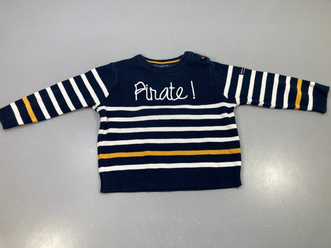 Pull marine rayé blanc jaune moutarde, brodé Pirate, moins cher chez Petit Kiwi