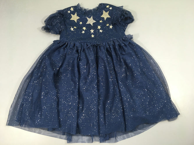 Robe m.c doublée tulle bleu foncé pois étoiles dorées, moins cher chez Petit Kiwi