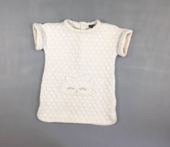 Robe m.c molleton écru texturé pois yeux, très légèrement boulochée, moins cher chez Petit Kiwi