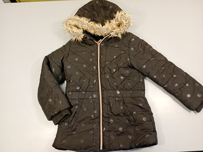 Veste zippée à capuche (fausse fourrure) noire à pois. Intérieur peluche. Taches à la manche gauche, moins cher chez Petit Kiwi