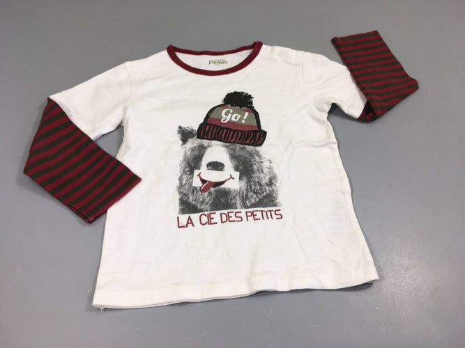 T-shirt m.l blanc , manches bordeau rayé.  Ours "La cie des petits", moins cher chez Petit Kiwi