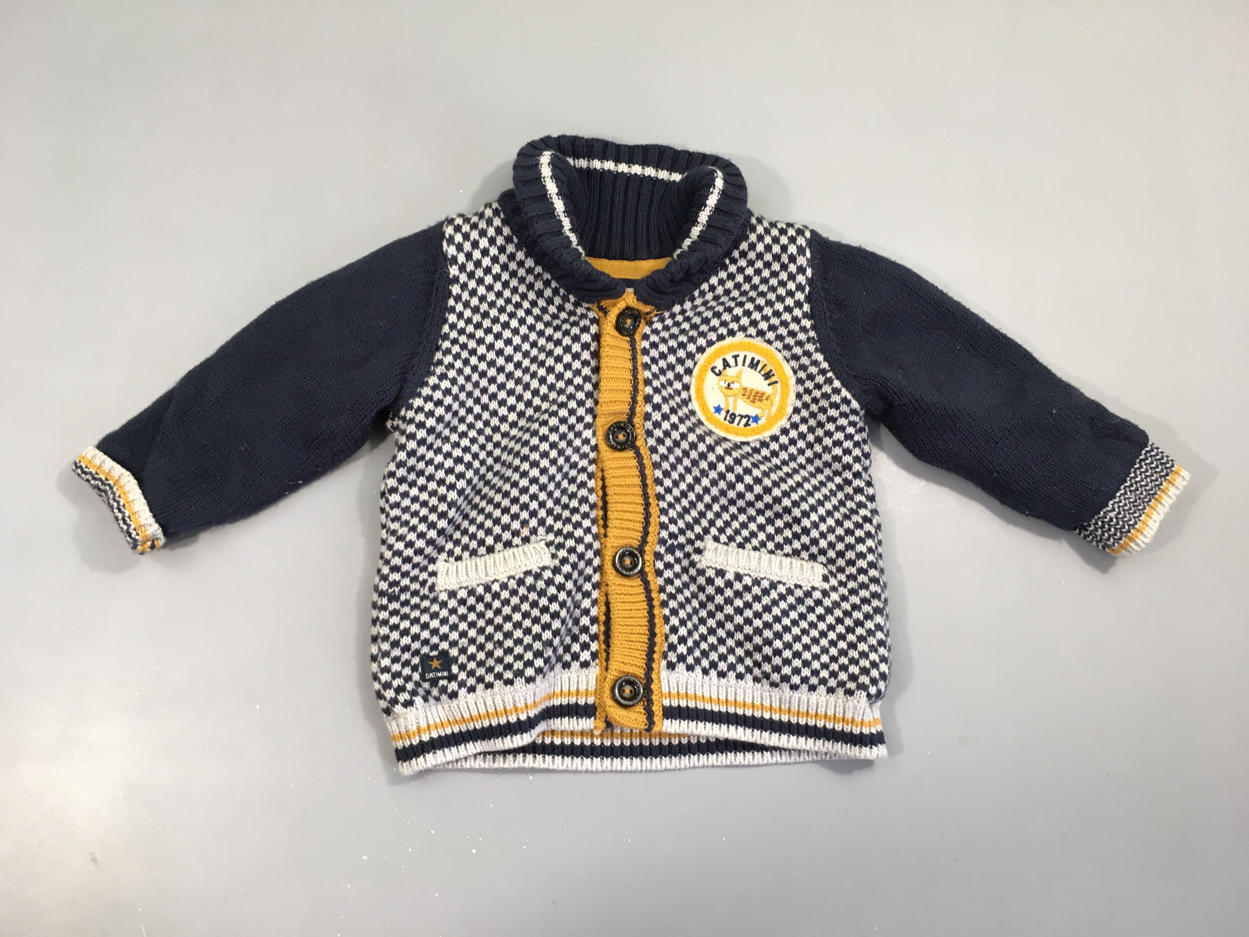 Gilet bleu/gris pied de poule col châle écusson