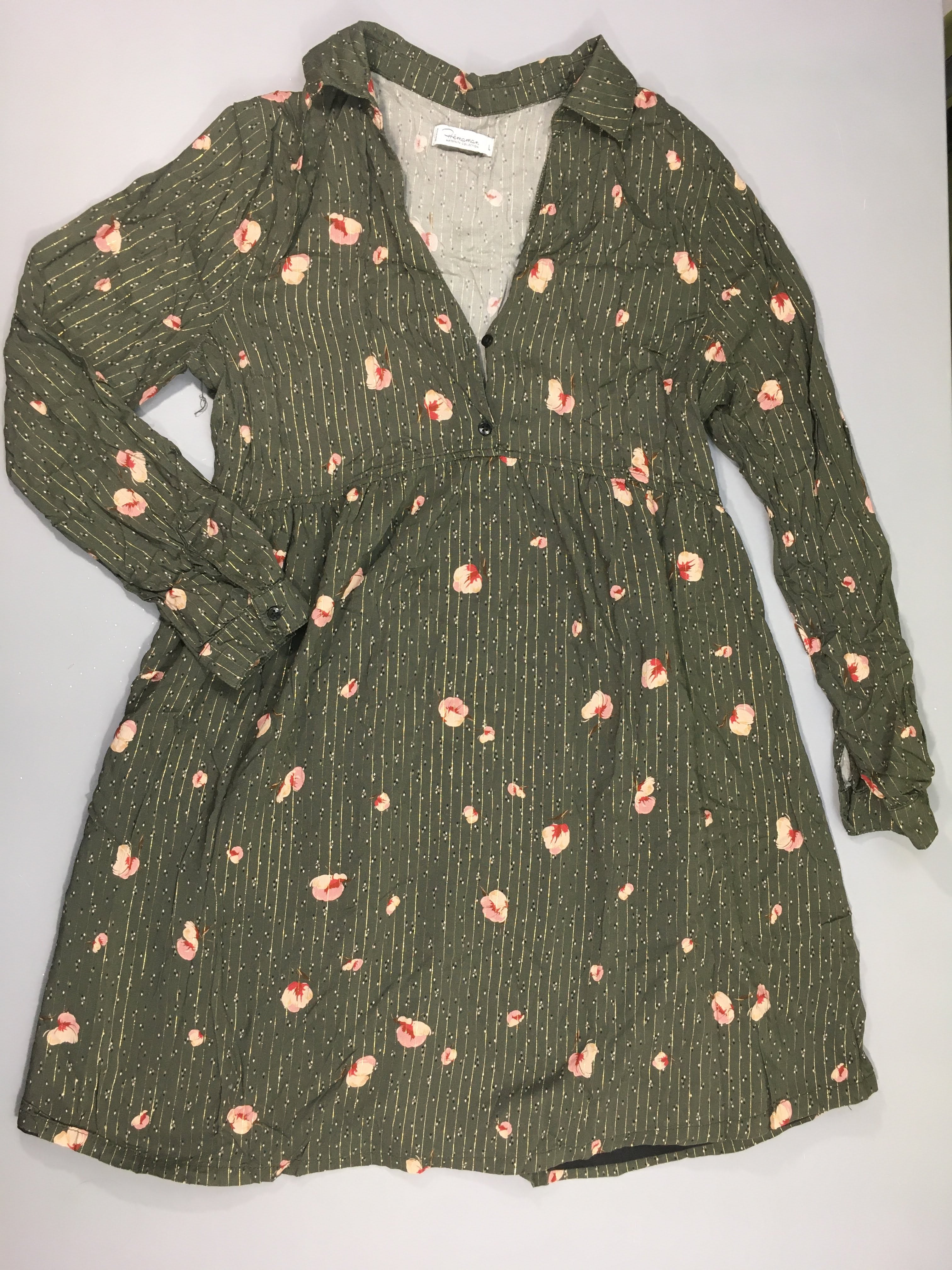 Robe m.l gris rayé doré fleurs