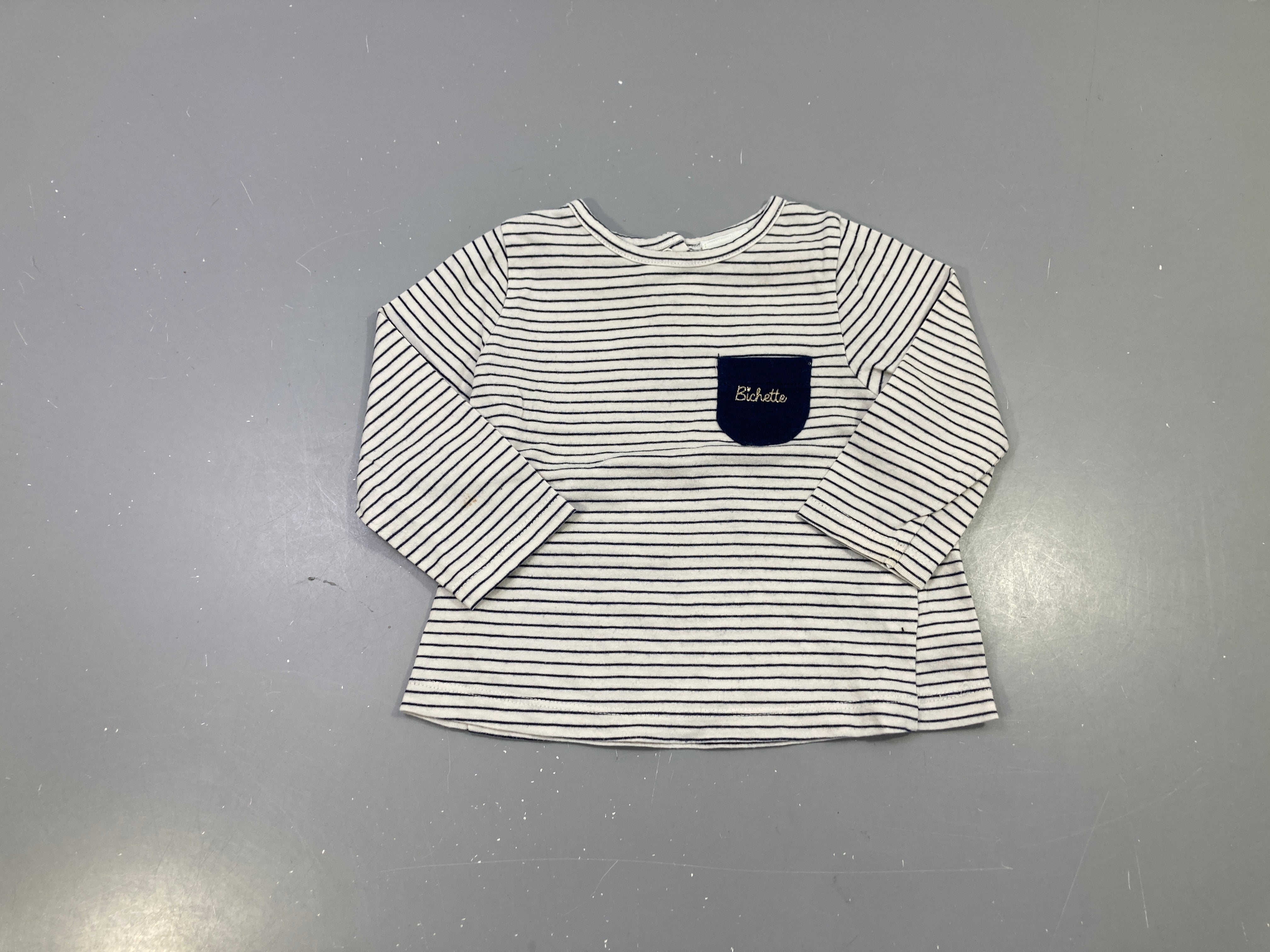 T-shirt m.l écru rayé bleu marine, poche brodée Bichette