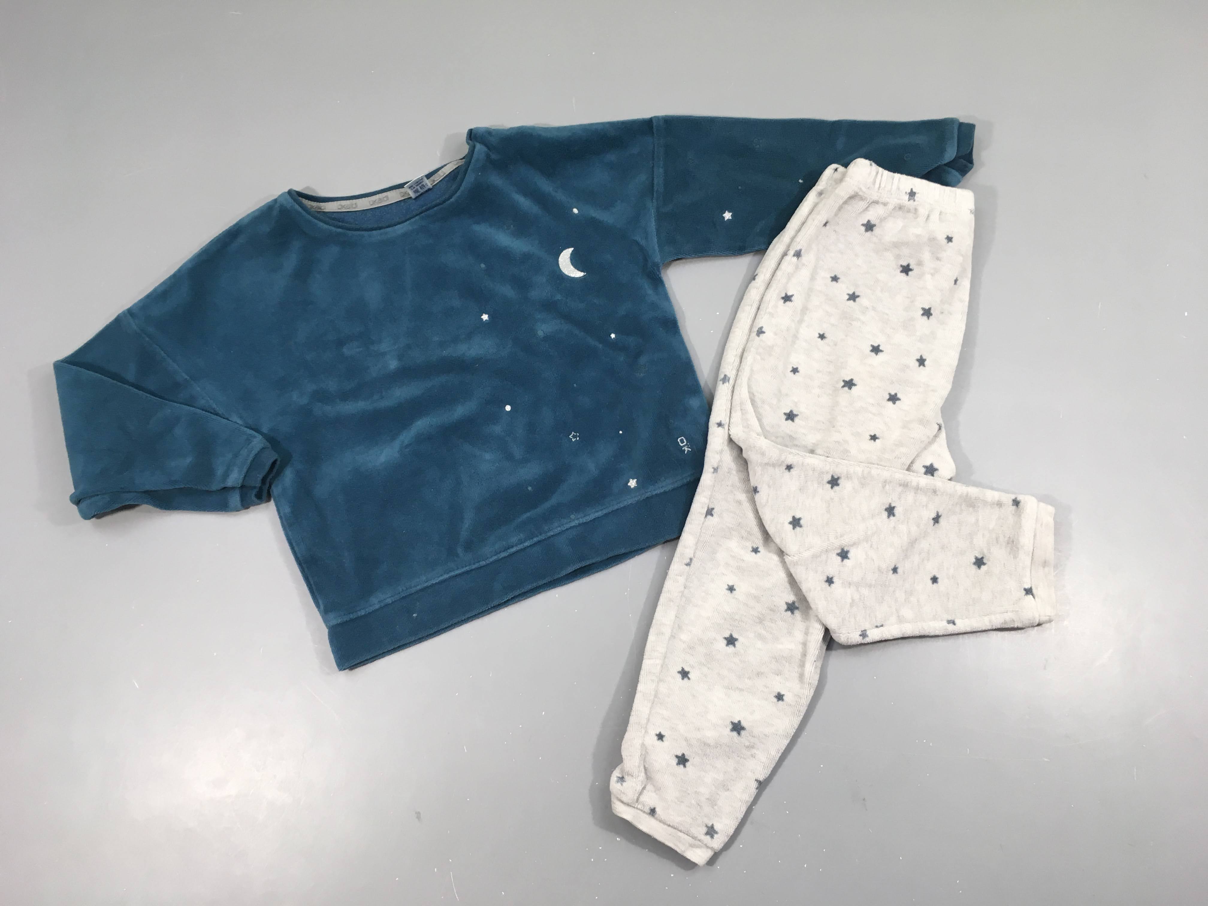 Pyjama 2pcs velours bleu/gris chiné lune