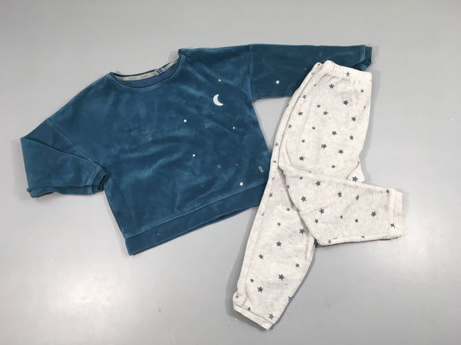 Pyjama 2pcs velours bleu/gris chiné lune, moins cher chez Petit Kiwi