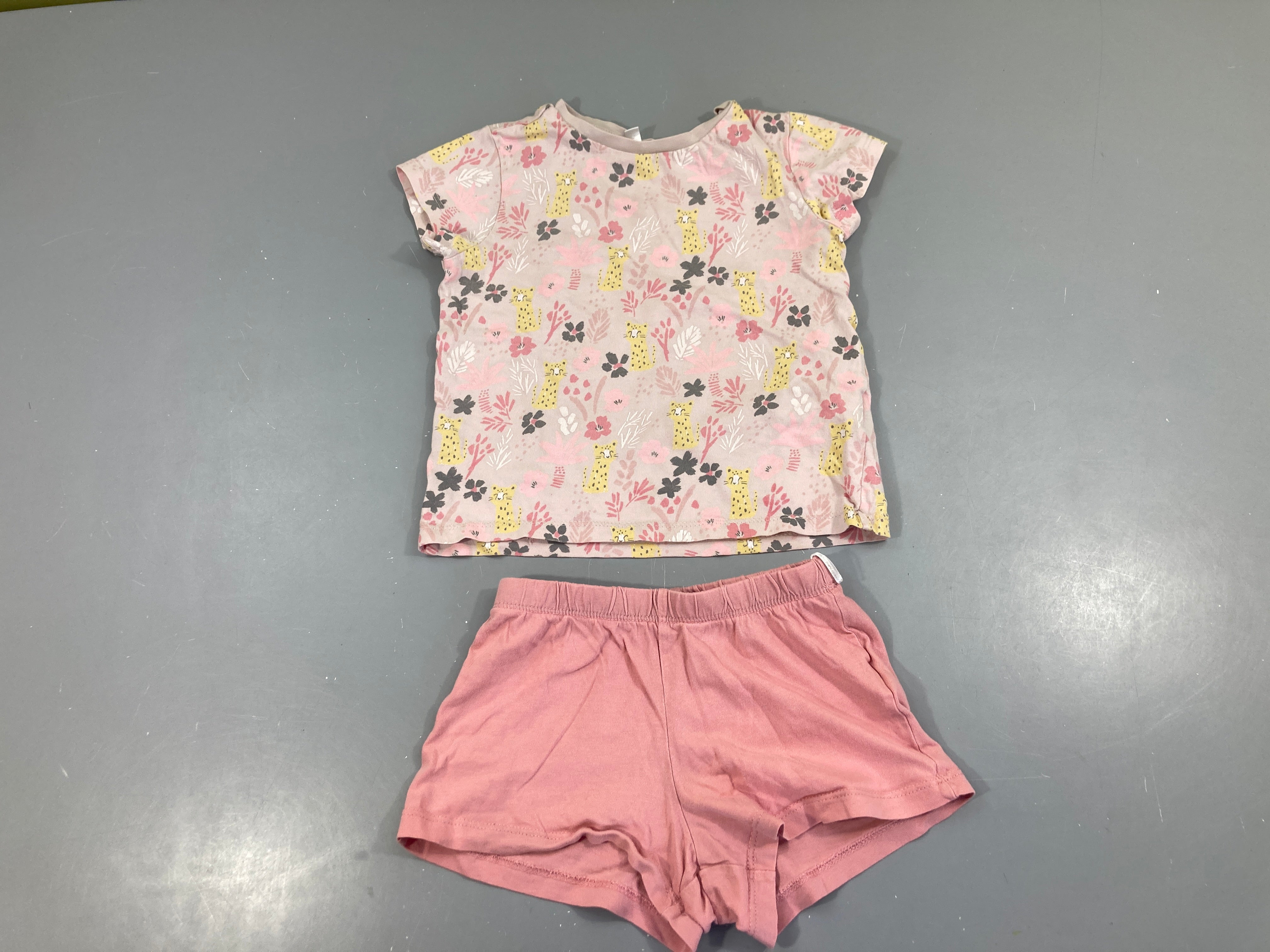 Pyjashort 2pcs jersey rose pâle félins fleuri
