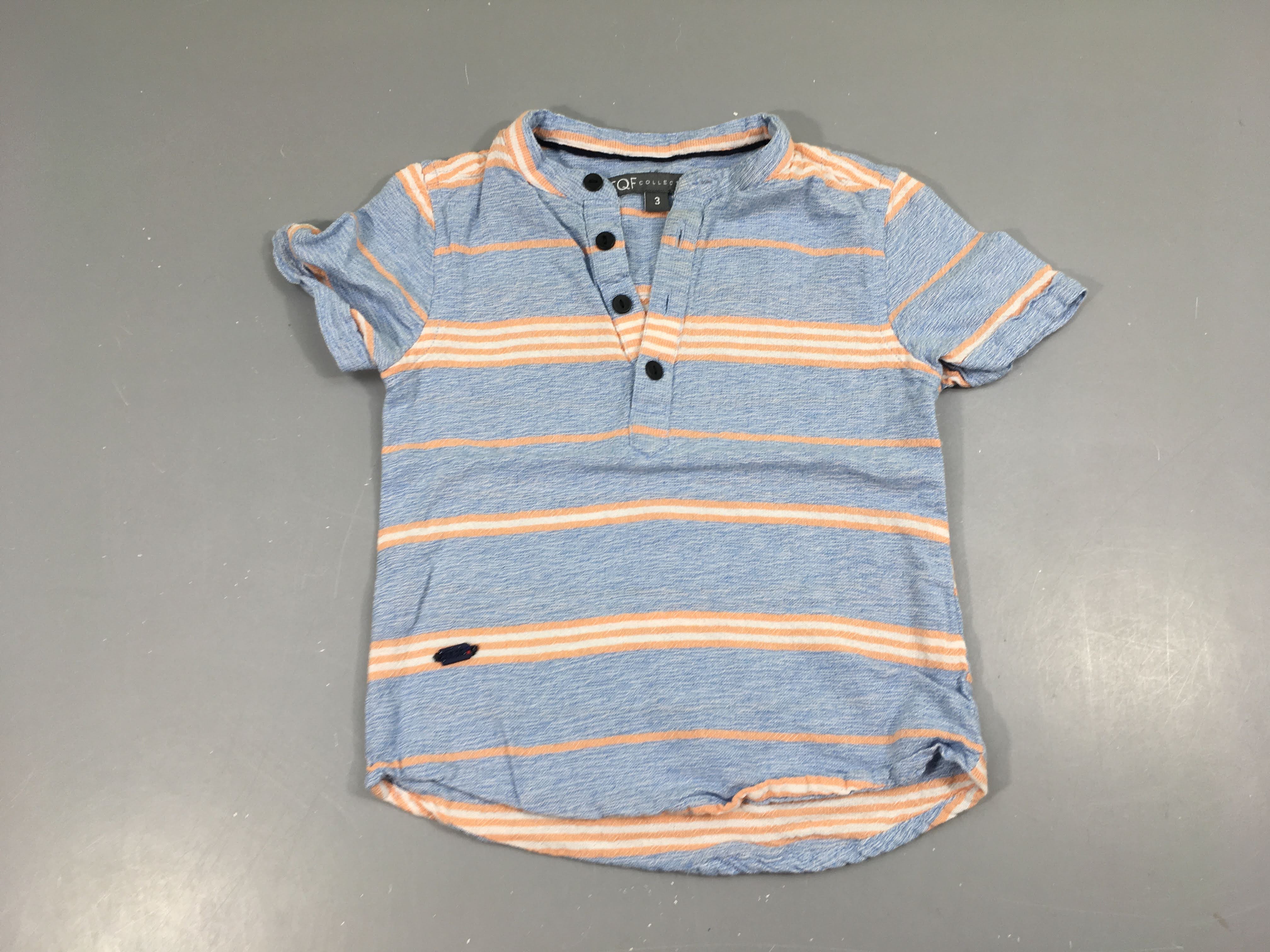 Chemise m.c bleu rayé orange/blanc