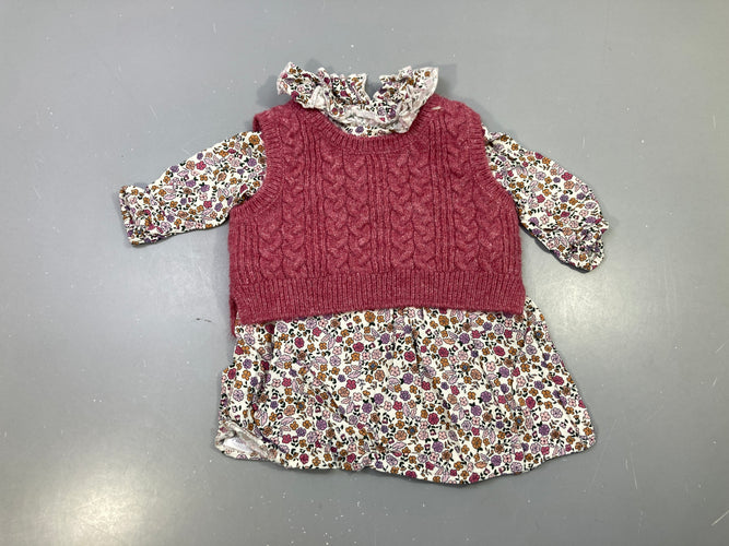 Ensemble robe fleurie m.l + pull s.m bordeaux torsadé, moins cher chez Petit Kiwi