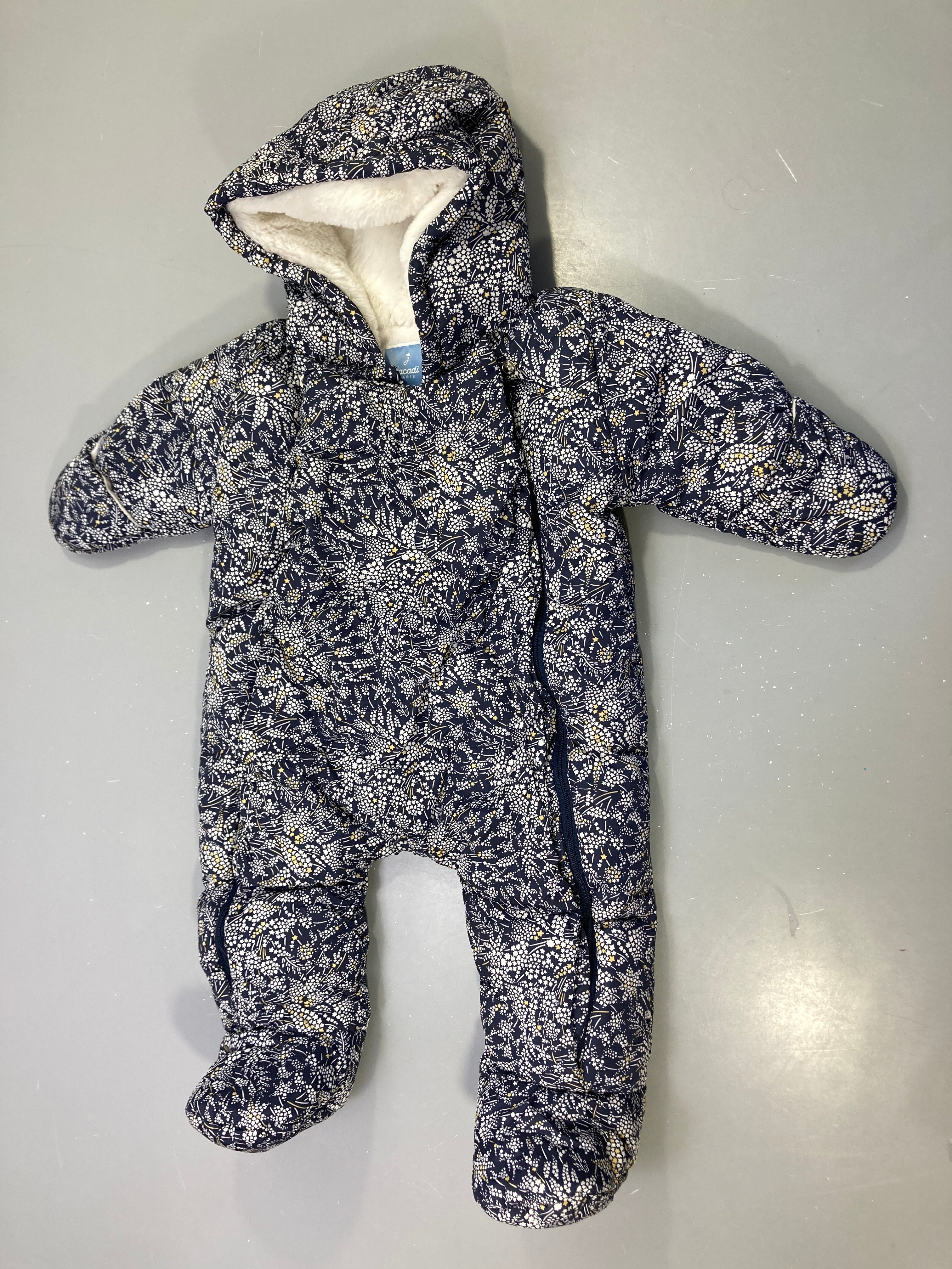 Combinaison de neige bleu marine fleurie, capuche polaire